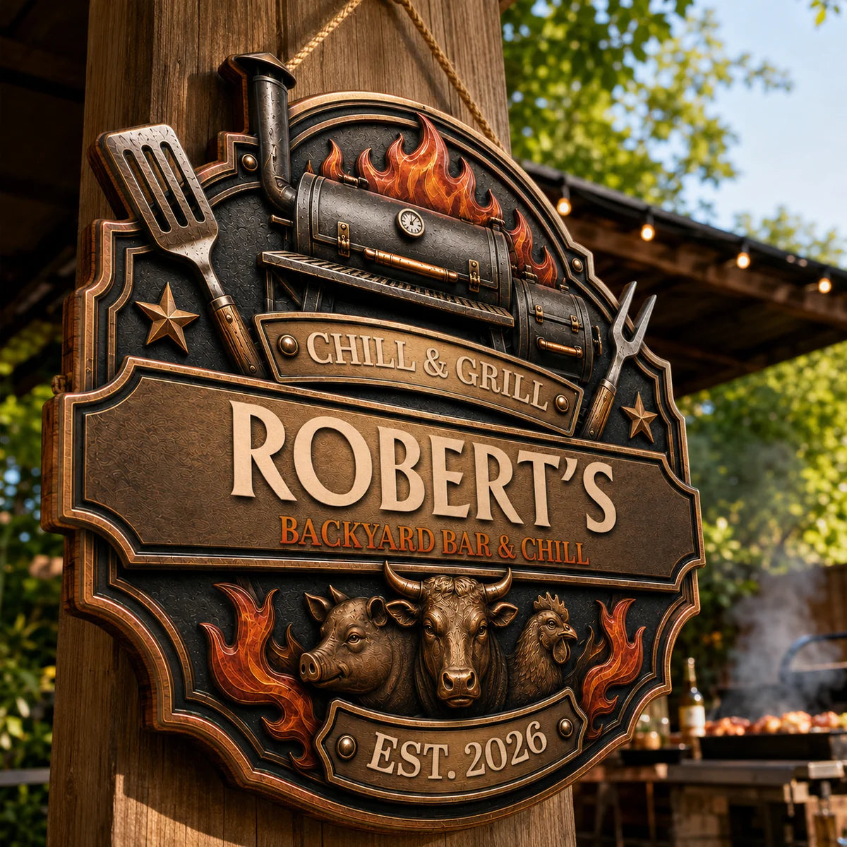 Chill & Grill Personalized BBQ Smokehouse Wood Sign - Custom Backyard Bar Door Hanger Gift for Dad