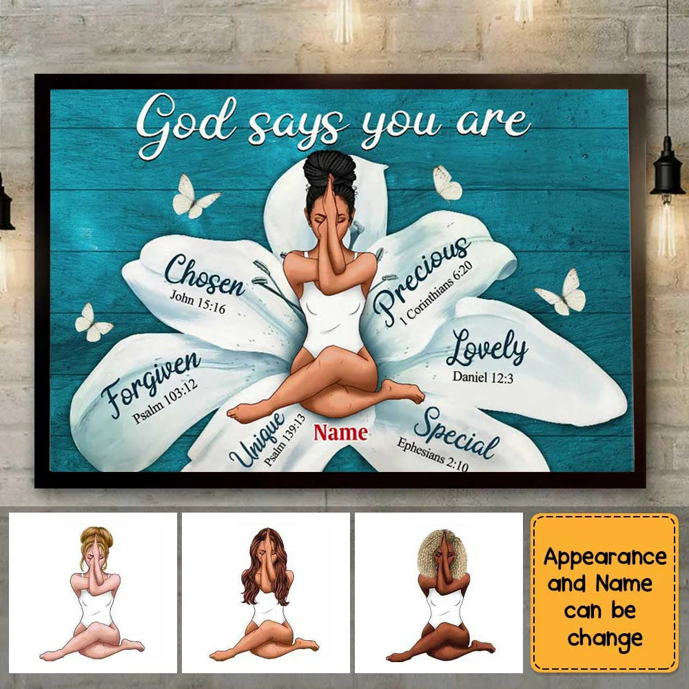 "God Says You Are" Personalized Scripture Canvas / Poster - Custom Faith Wall Art Gift for Women