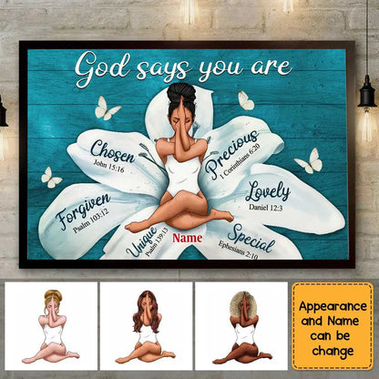 "God Says You Are" Personalized Scripture Canvas / Poster - Custom Faith Wall Art Gift for Women