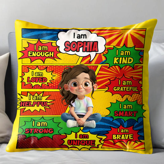 "I Am Enough Kind Loved" Custom Name Kids Affirmation Pillow - Personalized Birthday Gift for Daughter