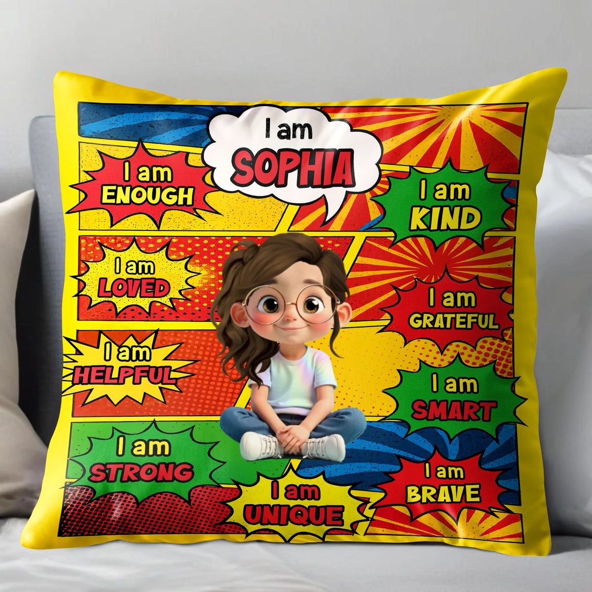 "I Am Enough Kind Loved" Custom Name Kids Affirmation Pillow - Personalized Birthday Gift for Daughter