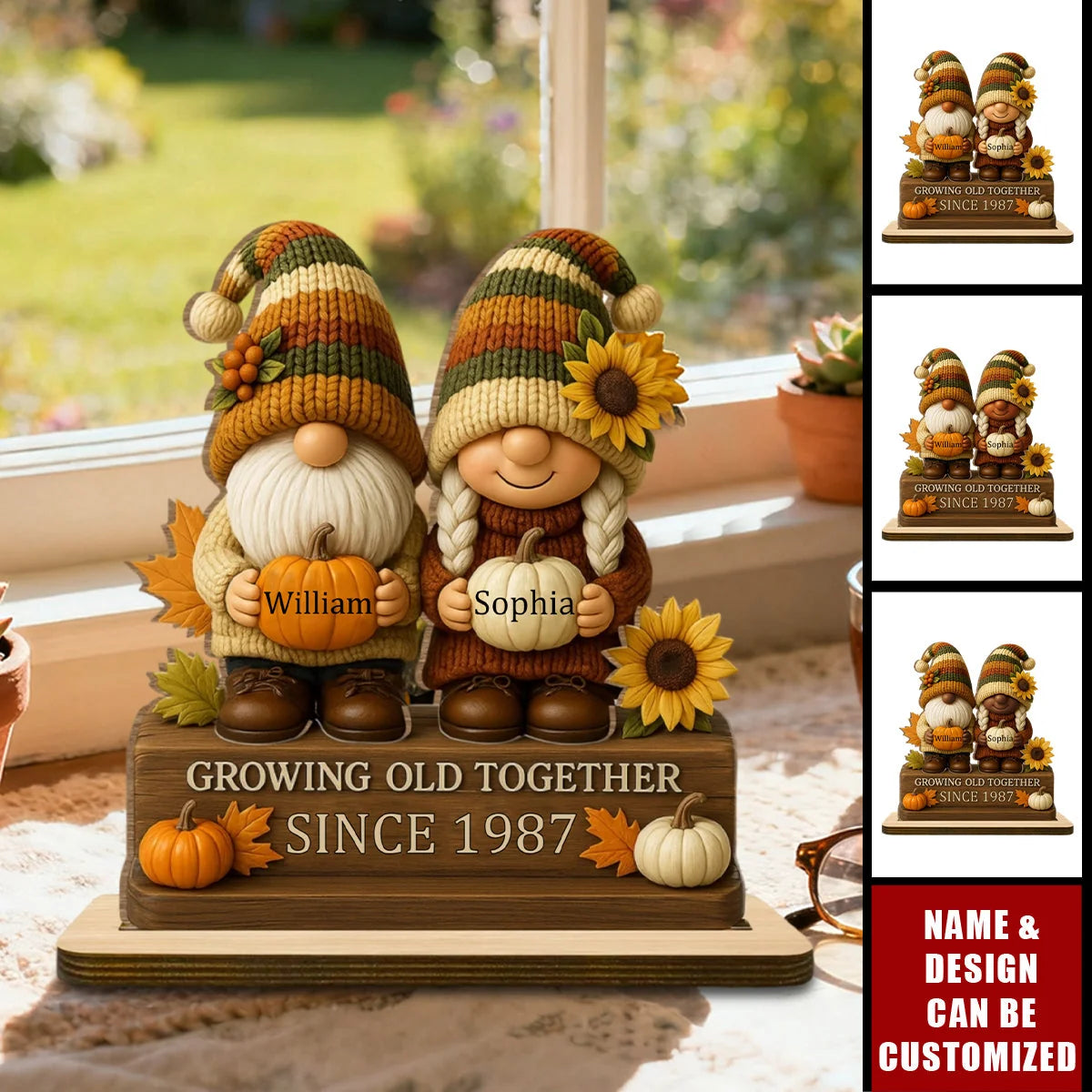 Growing Old Together Personalized Standing Wooden Plaque - Custom Fall Dwarf Couple Gift for Anniversary
