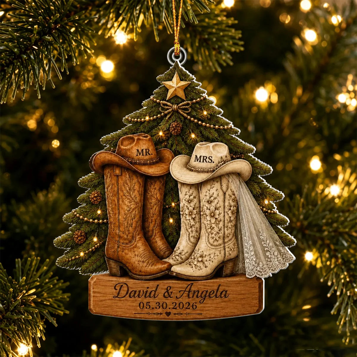 Western Cowboy Boots Personalized First Christmas Married Ornament - Custom Couple Wedding Keepsake Gift