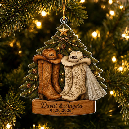 Western Cowboy Boots Personalized First Christmas Married Ornament - Custom Couple Wedding Keepsake Gift