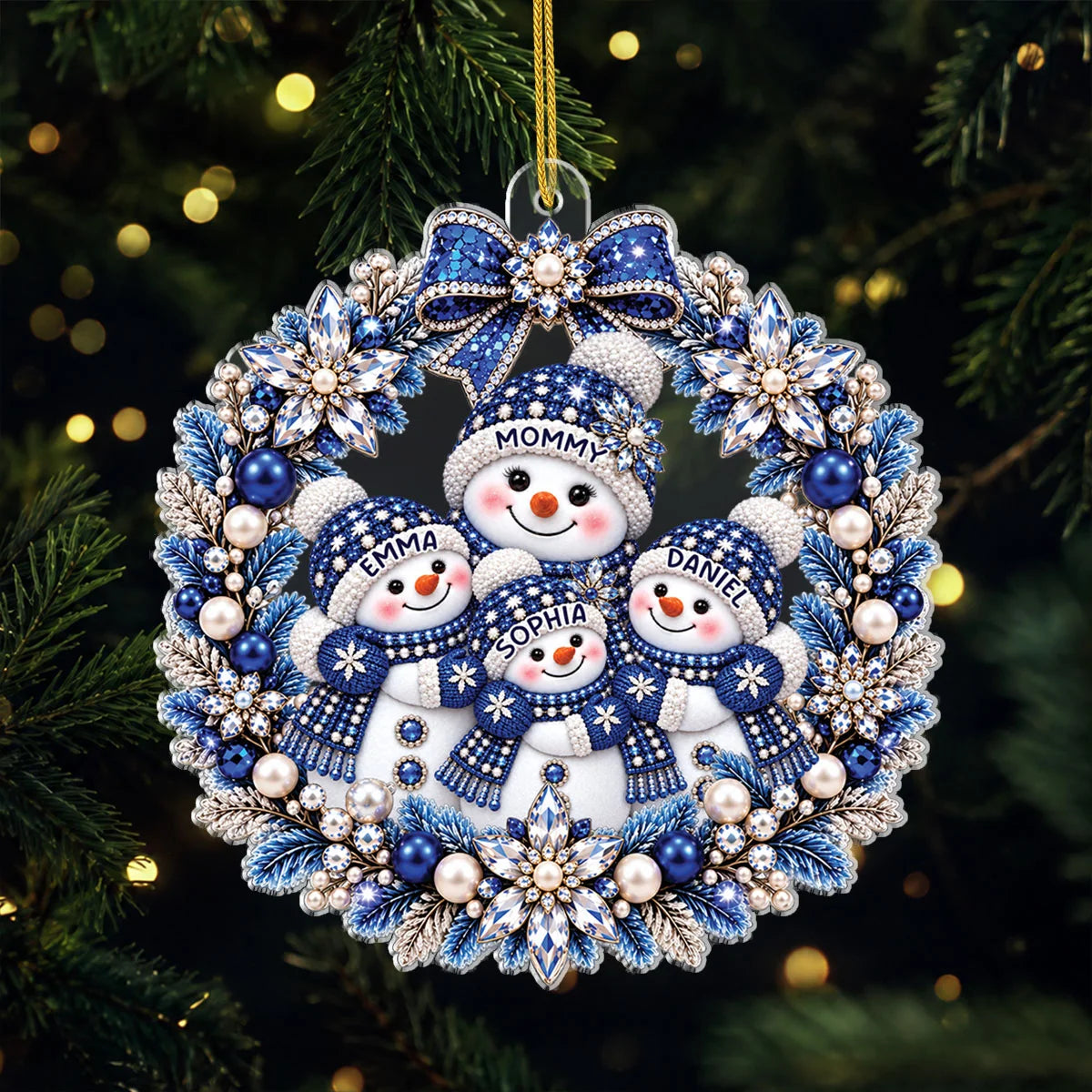 Snowman Family Wreath Personalized Acrylic Ornament - Custom Christmas Keepsake Gift for Mom Grandma