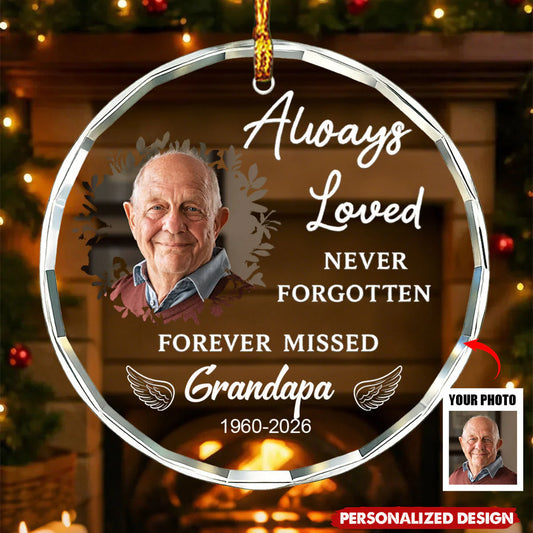 Personalized memorial photo glass ornament with custom picture and name for grandmama and grandapa