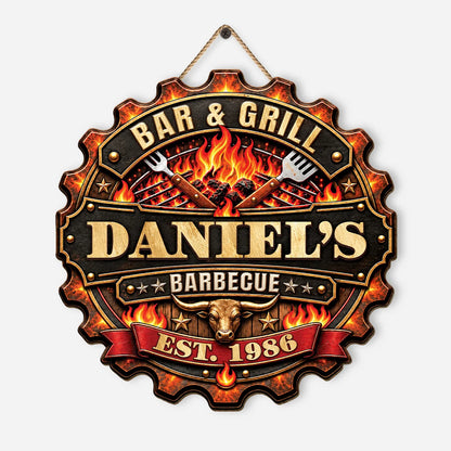 Bar & Grill Barbecue Personalized Wood Sign - Custom Backyard BBQ Gift for Him