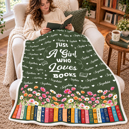 Just A Girl Who Loves Books Personalized Blanket - Custom Name Birth Month Flower Gift for Book Lovers
