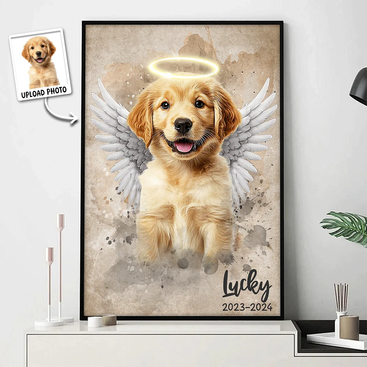 Custom Photo Pet Angel With Halo Wings - Personalized Dog & Cat Memorial Canvas / Poster