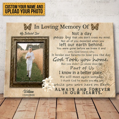 "Always & Forever in Our Hearts" Personalized Memorial Canvas / Poster for Son - Custom Photo Loss of Son Keepsake Wall Art