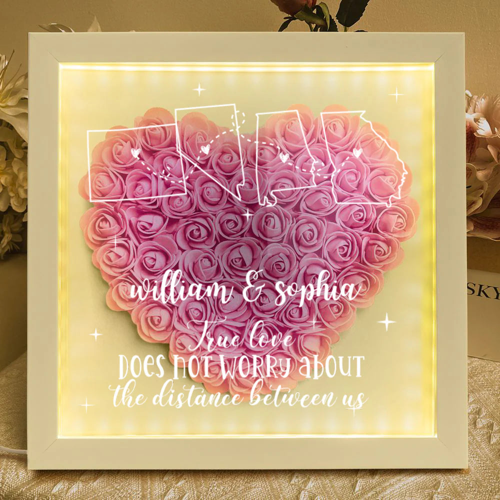 Custom long distance relationship flower shadow box with illuminated LED light frame for couples anniversary gift image 10