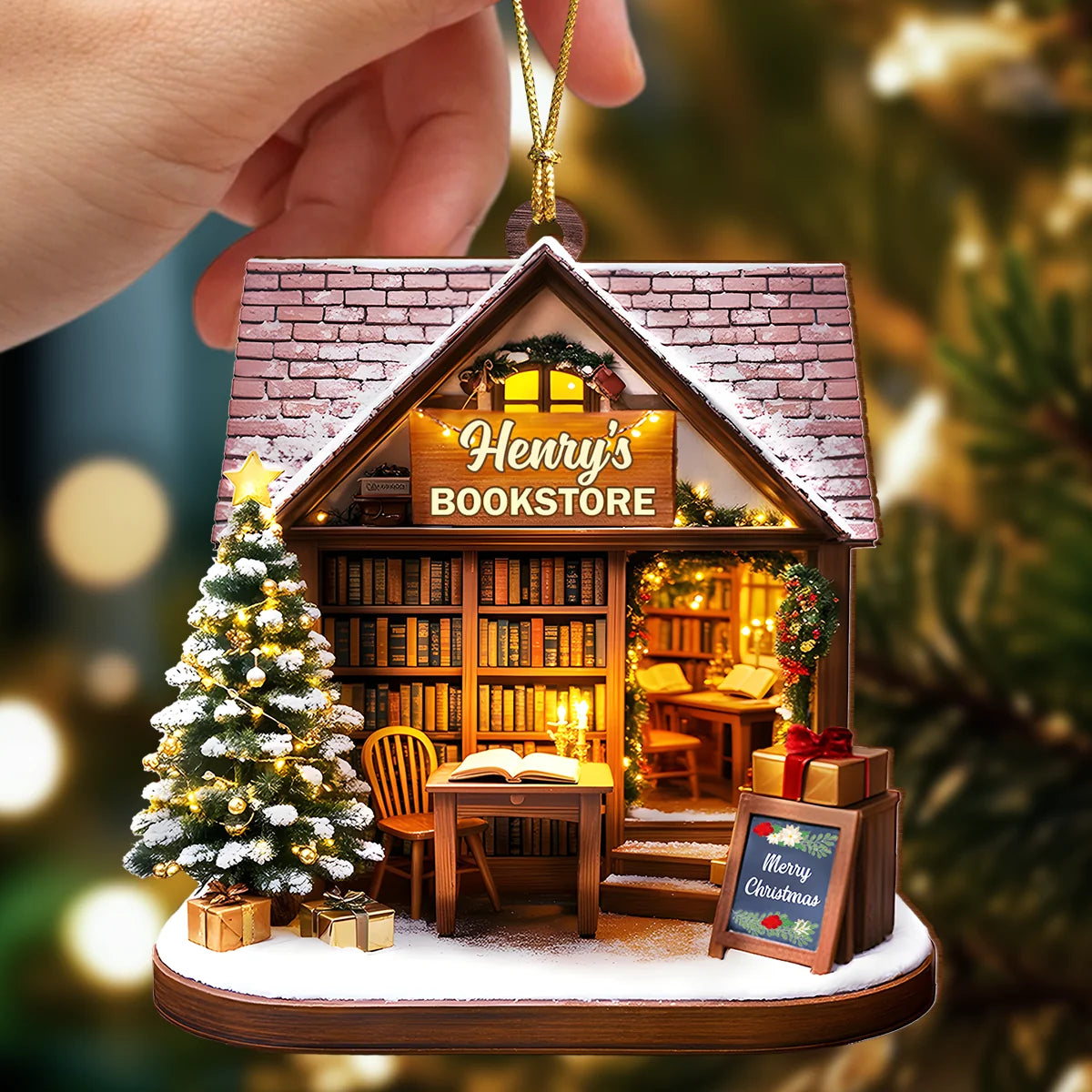 Personalized Book Lover Christmas Ornament - Custom Cozy Bookstore Wood Keepsake Gift