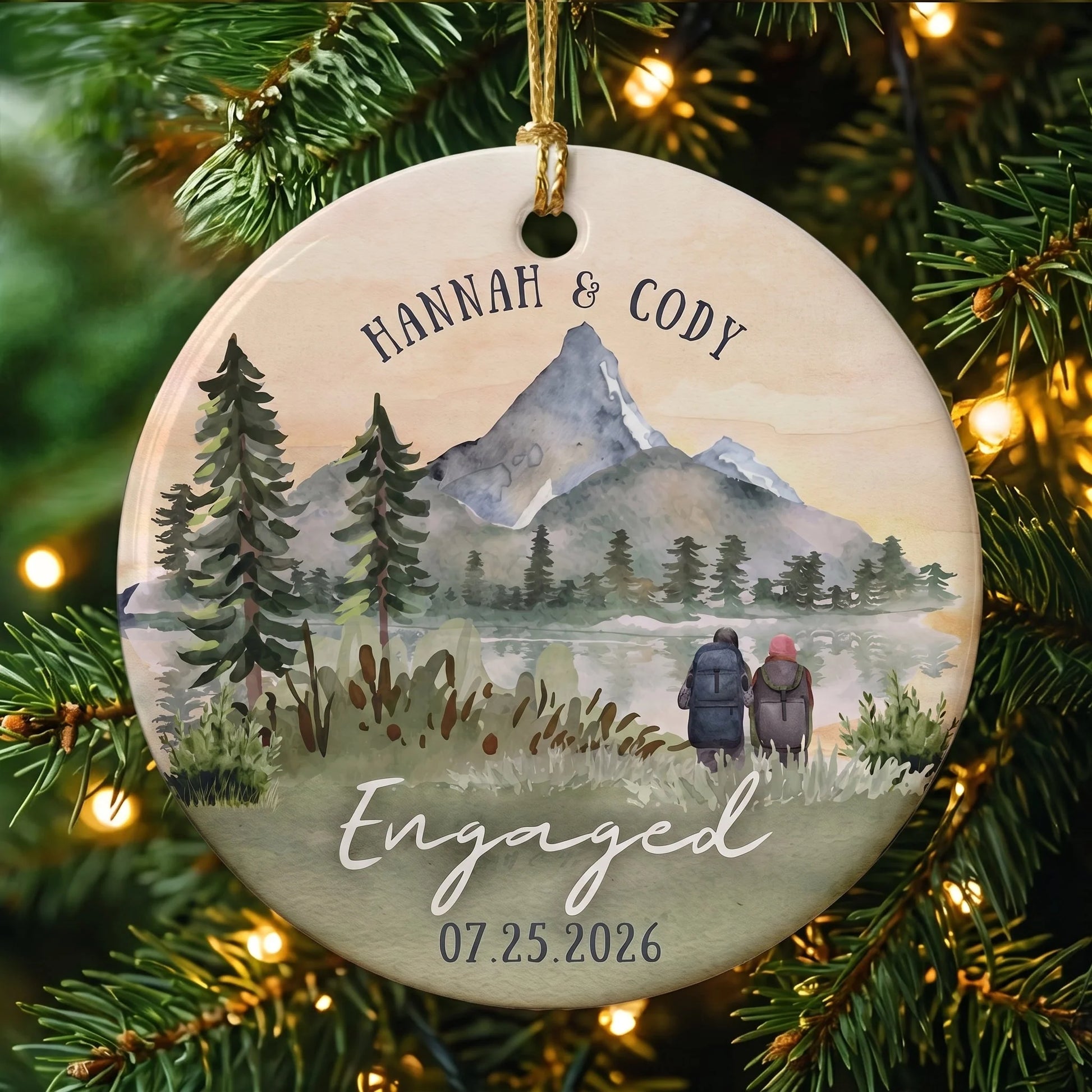 Custom Mountain Engagement Ceramic Ornament - Personalized Hiking Couple Keepsake Gift