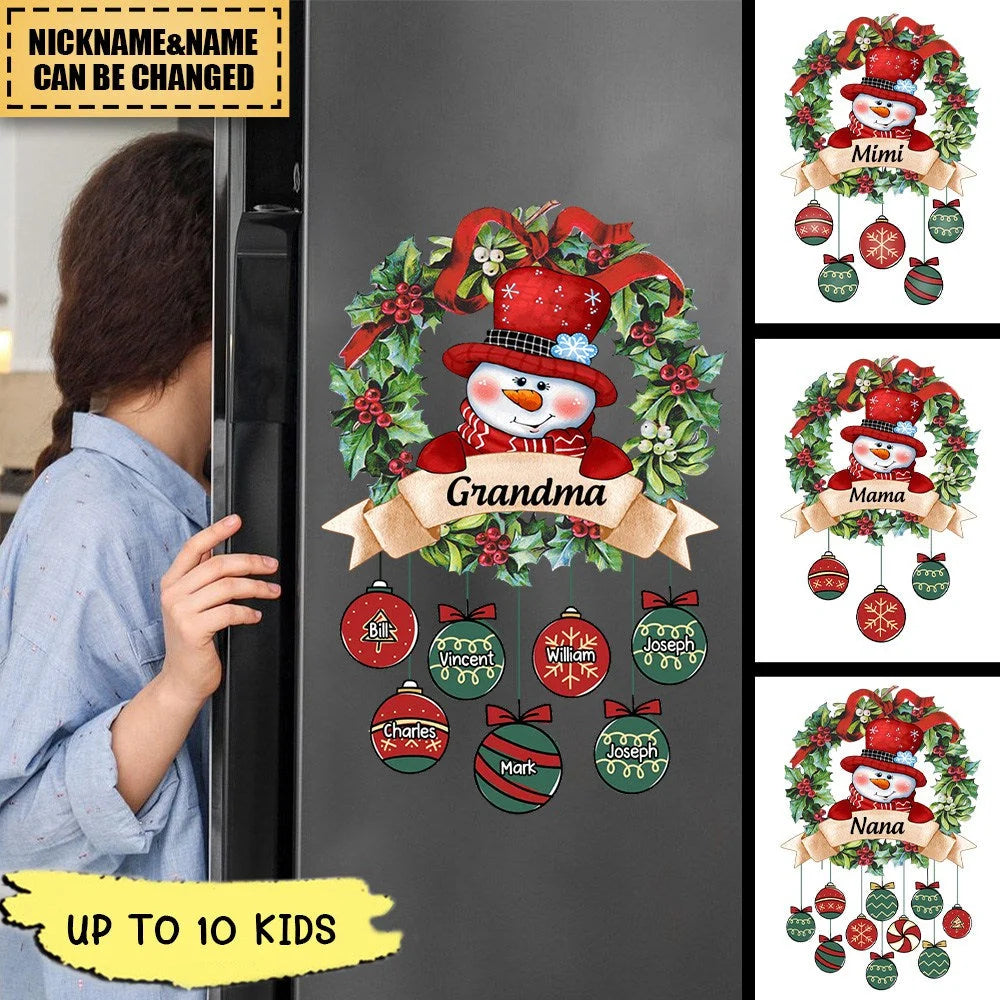 Custom Snowman Christmas Wreath Decal - Personalized Kids Ornament Sticker for Grandma