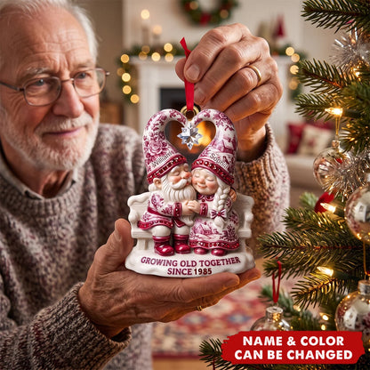 "Growing Old Together" Personalized Couple Ornament - Toile De Jouy Gnome Christmas Keepsake Gift