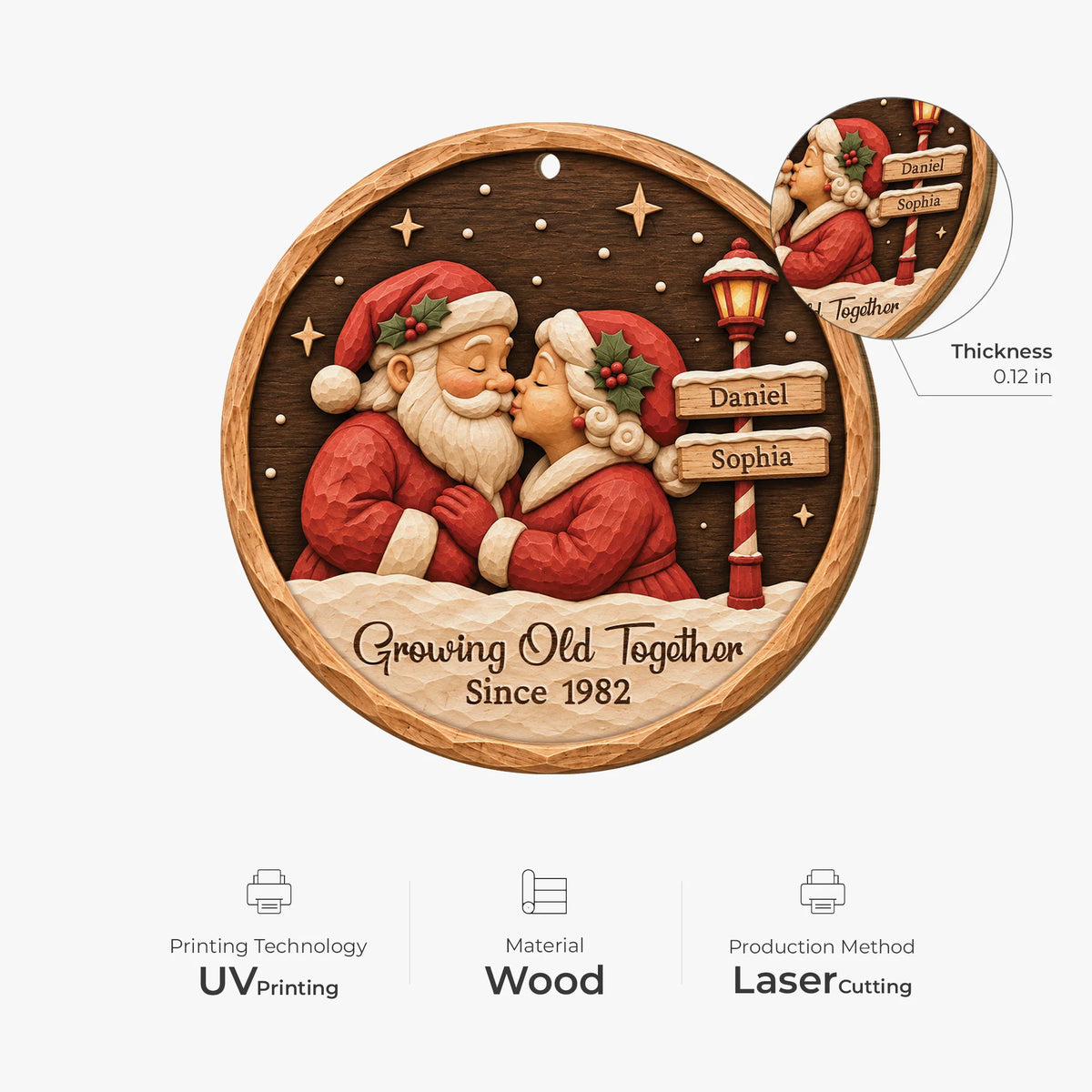 Growing Old Together Personalized Wooden Ornament - Custom Kissing Santa Couple Keepsake