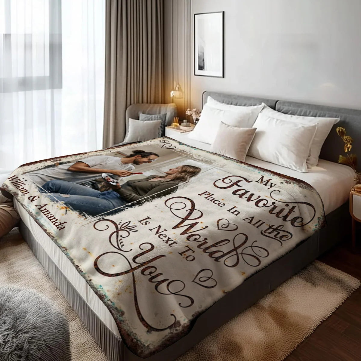 "My Favorite Place In All The World Is Next To You" Personalized Couple Blanket - Anniversary Gift for Boyfriend Girlfriend