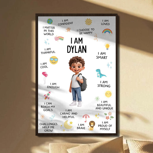 Personalized kids affirmation poster with custom name and daily positive quotes for bedroom wall art