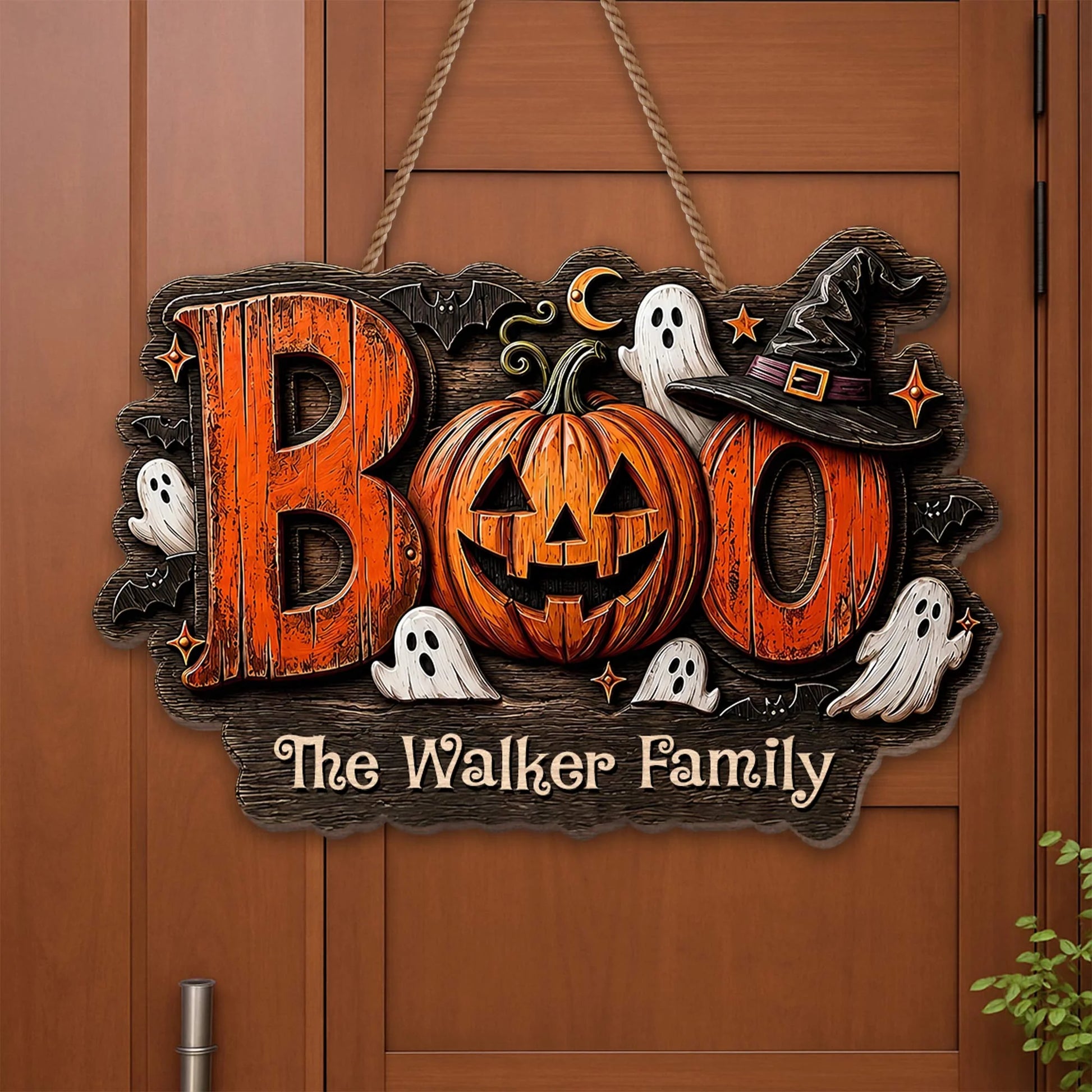 BOO Our Family Spooky Pumpkin and Ghost Personalized Wood Sign - Custom Halloween Home Decor