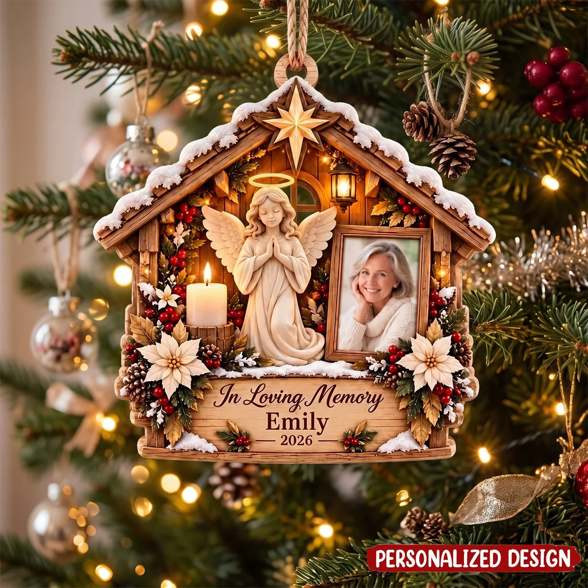 In Loving Memory Personalized Photo Wood Ornament - Custom Angel Keepsake for Family