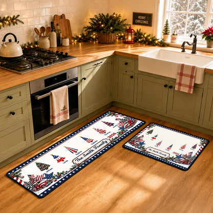 Personalized Christmas Kitchen Runner Rug - Custom Patriotic Family Name Holiday Mat