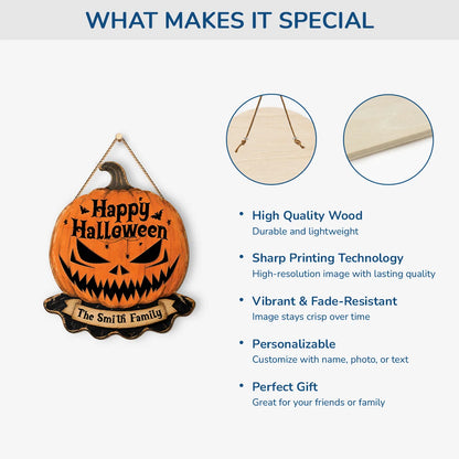 Happy Halloween Personalized Family Wood Sign - Custom Pumpkin Door Hanger Decor