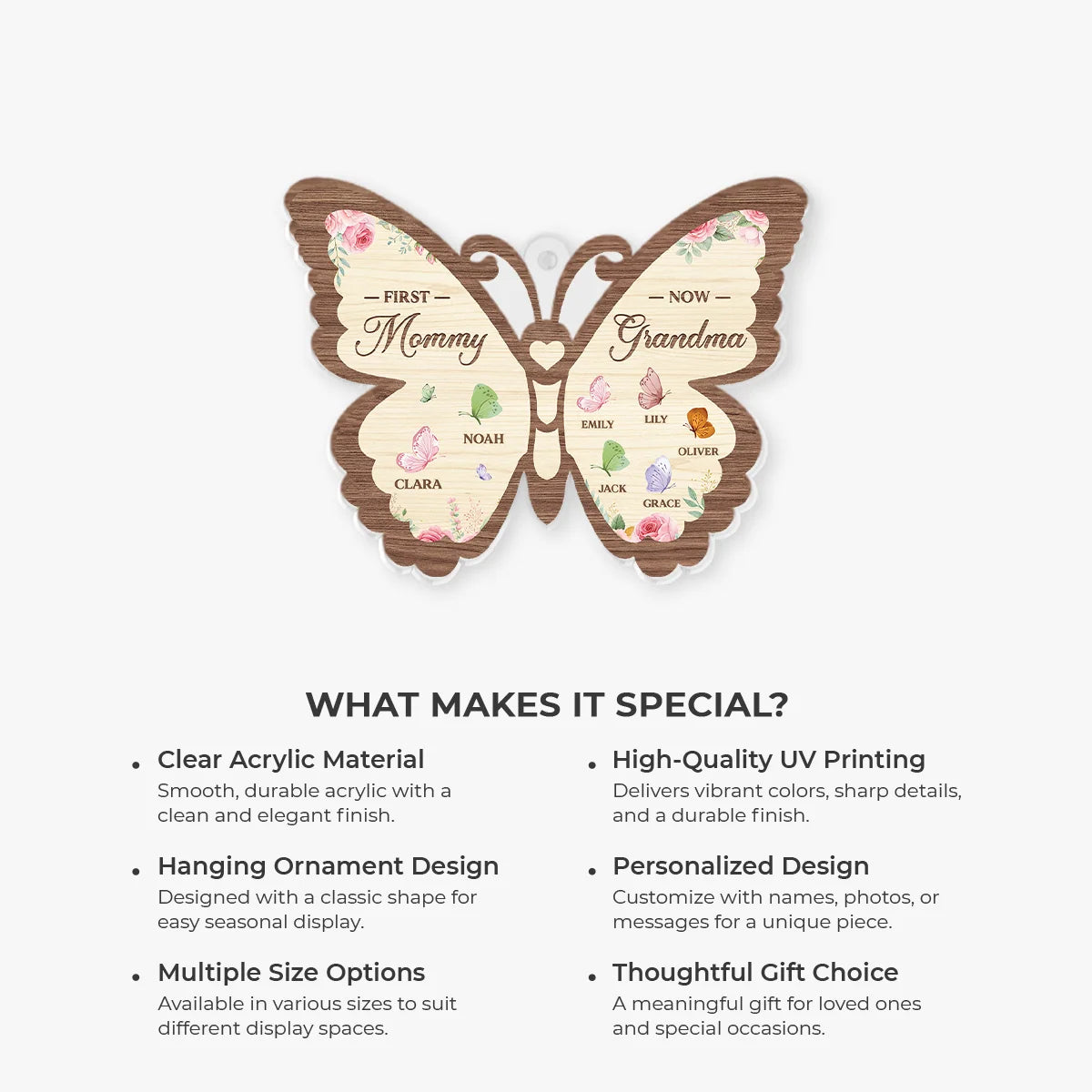 First Mommy Now Grandma Butterfly Acrylic Ornament - Custom Names Keepsake Gift for Grandmother