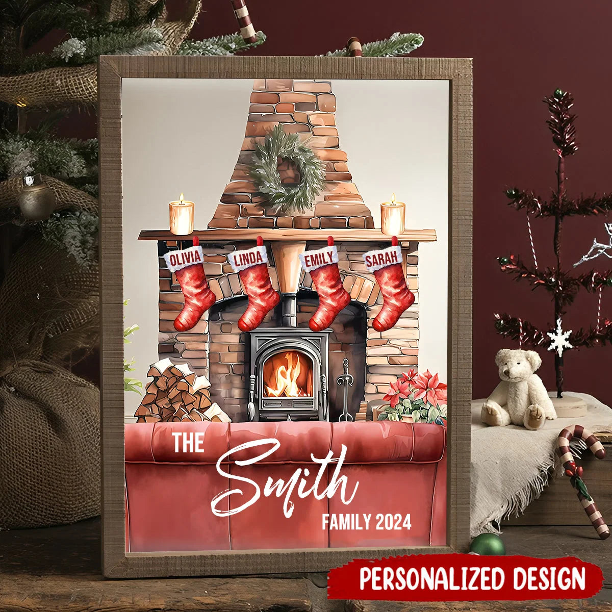 Personalized Family Christmas Canvas / Poster - Custom Fireplace Stockings Wall Art for Holiday Home Decor
