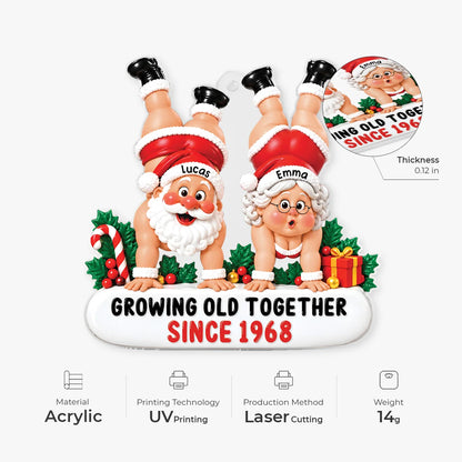 "Growing Old Together" Handstand Santa Personalized Acrylic Ornament - Christmas Gift for Couples