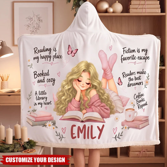 Reading Is My Happy Place Personalized Hooded Blanket - Cozy Birthday Gift for Book Lovers