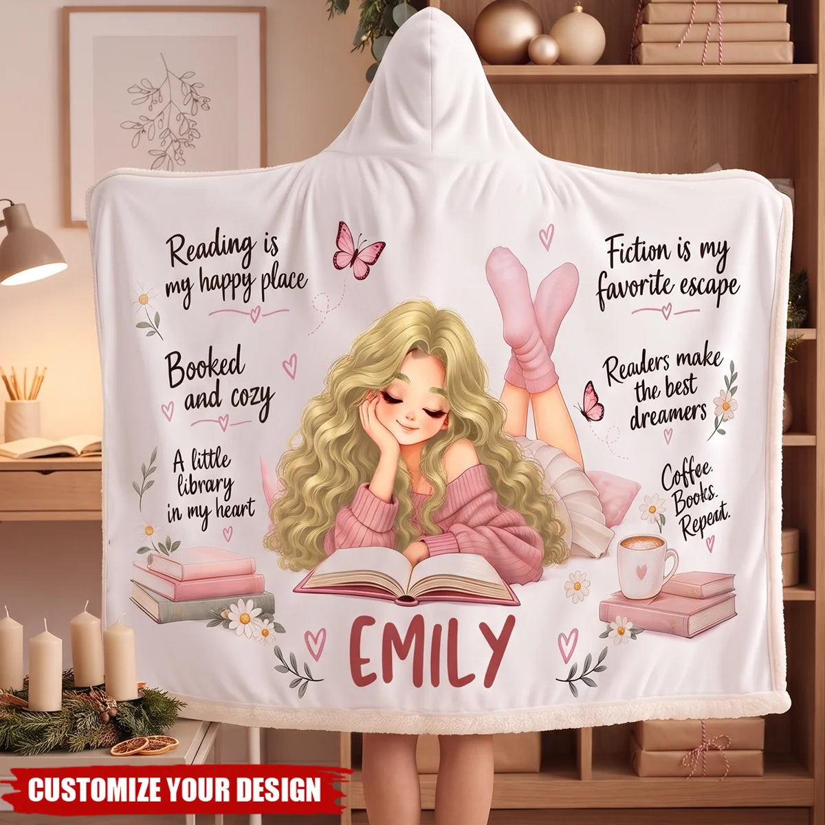 Reading Is My Happy Place Personalized Hooded Blanket - Cozy Birthday Gift for Book Lovers
