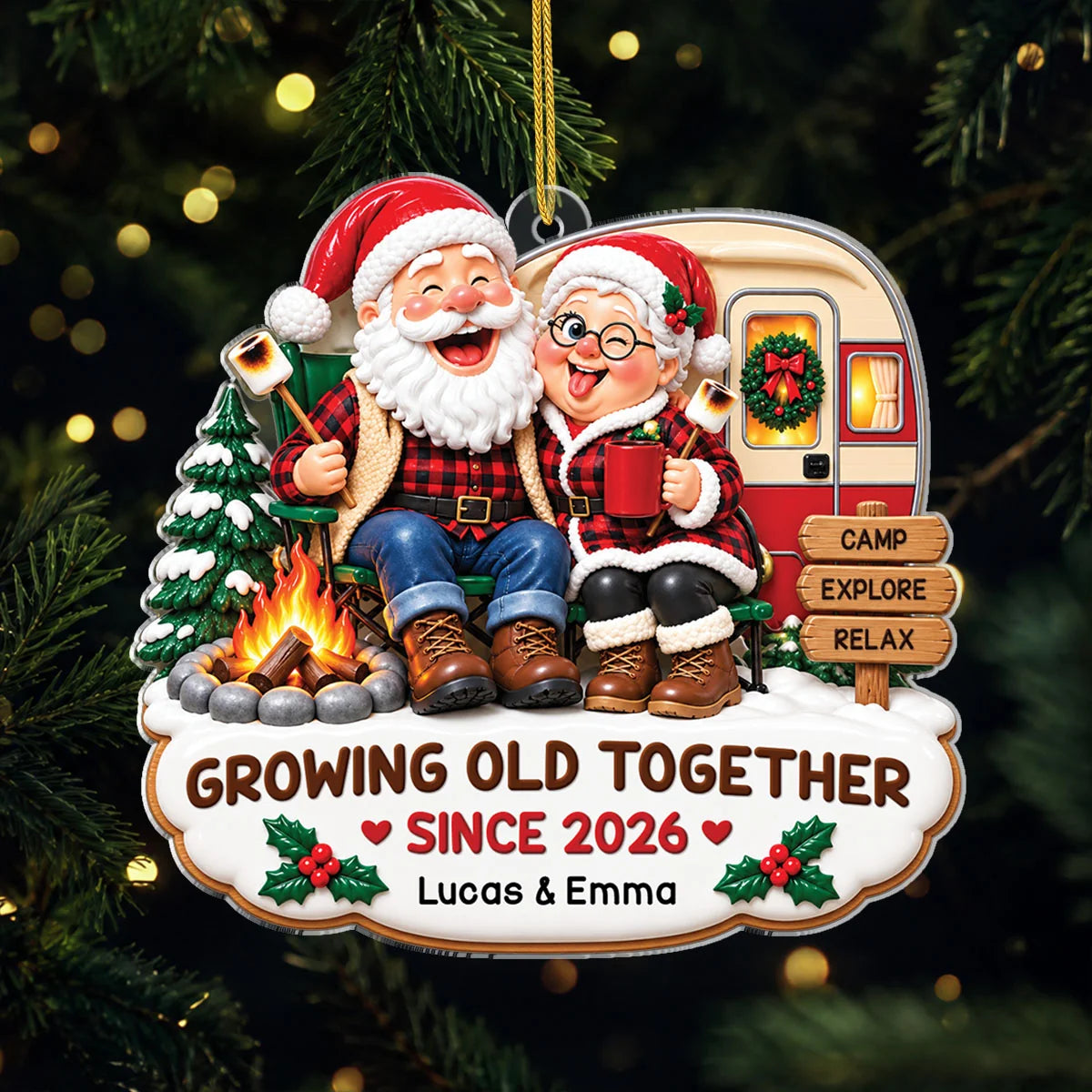 "Growing Old Together" Personalized Camping Acrylic Ornament - Christmas Gift for Couples