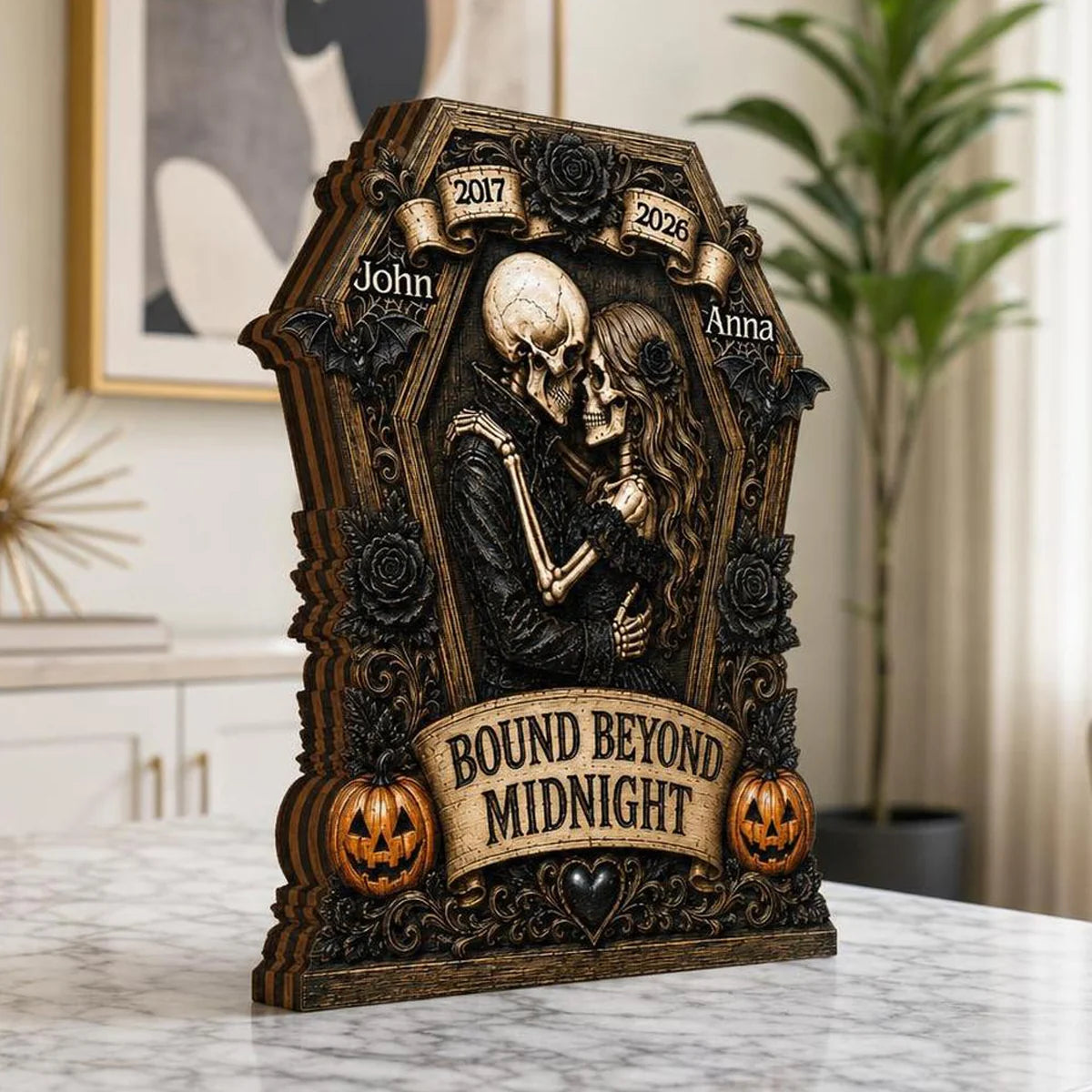 Bound Beyond Midnight Skeleton Couple Personalized Wooden Block - Custom Gothic Halloween Wedding Anniversary Gift