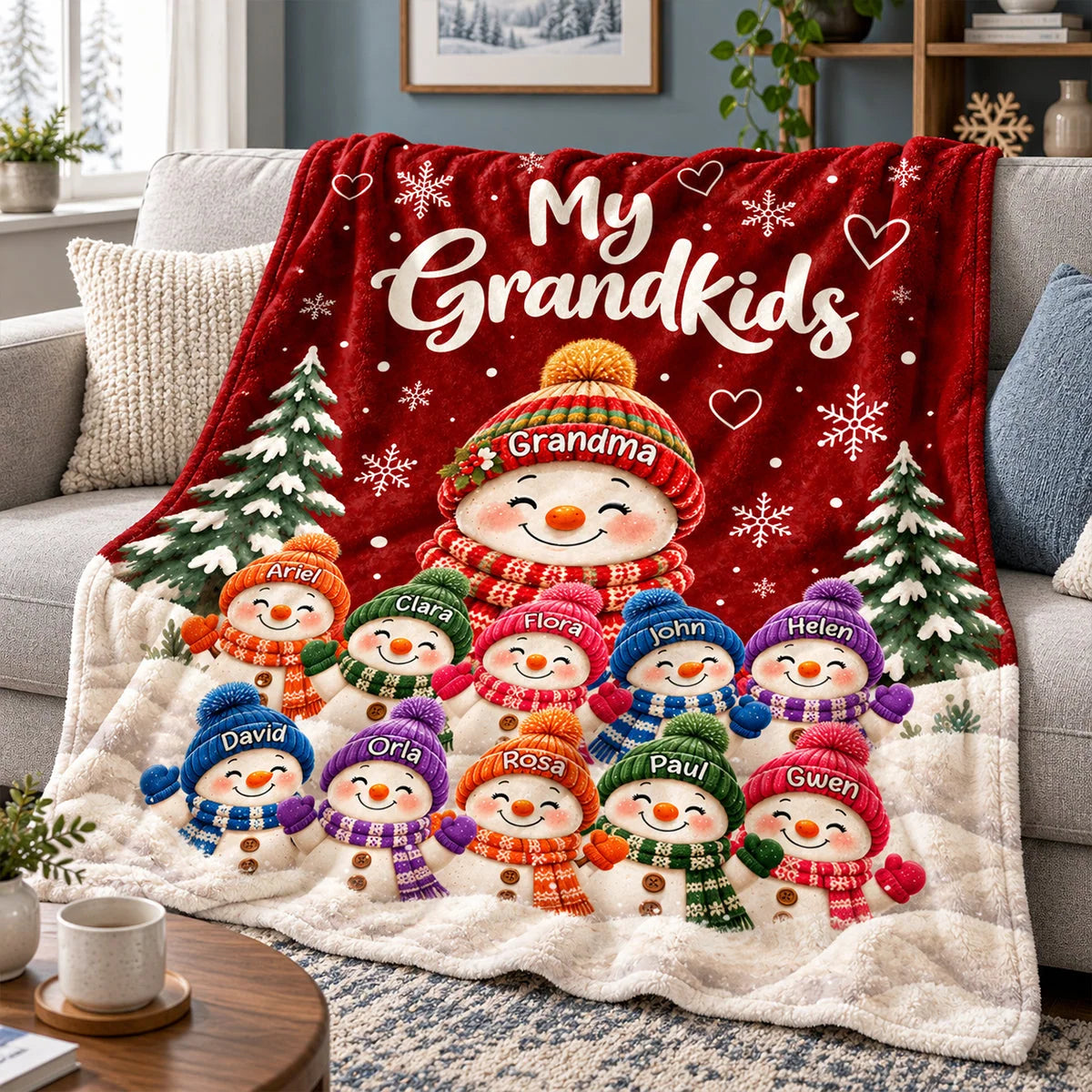 My Grandkids Personalized Snowman Blanket with Names - Custom Grandma Christmas Gift Throw