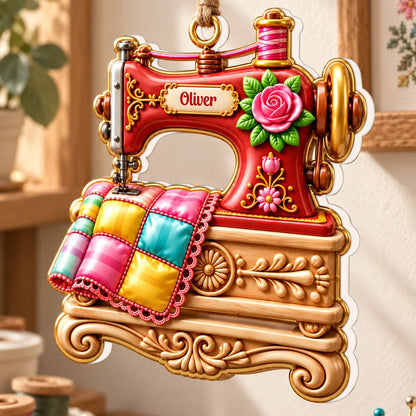 Personalized Floral Sewing Machine Acrylic Ornament - Custom Gift for Quilters and Crafters