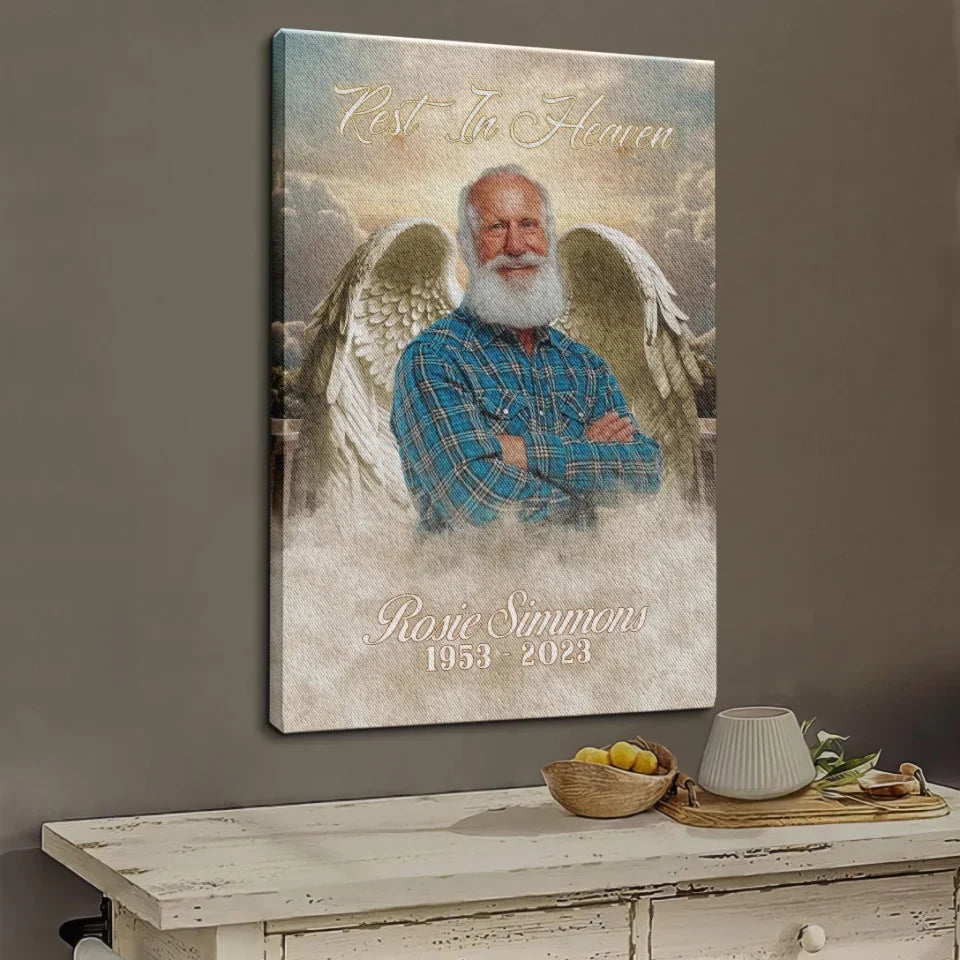 "Rest in Heaven" Personalized Angel Wings Memorial Photo Canvas / Poster – A Loving Tribute for Family