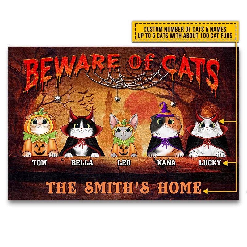 Beware of Cats Personalized Halloween Doormat - Custom Pet Names Fall Welcome Mat for Cat Lovers