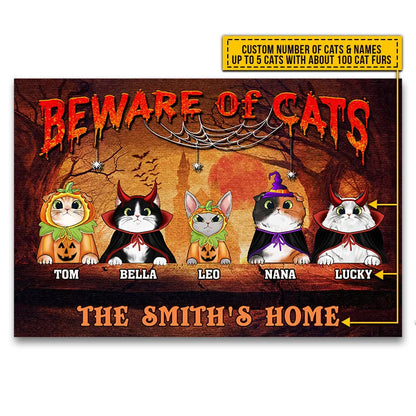 Beware of Cats Personalized Halloween Doormat - Custom Pet Names Fall Welcome Mat for Cat Lovers