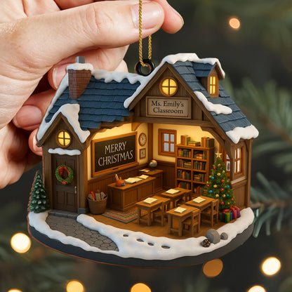 Merry Christmas Schoolhouse Ornament With Wreath And Tree