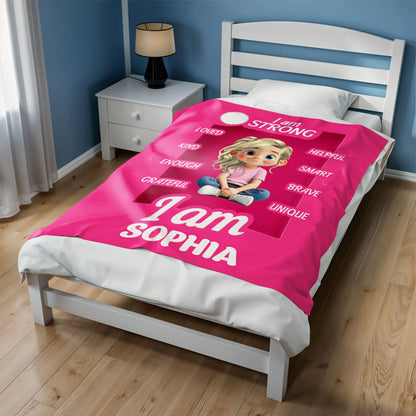 I Am Strong, Loved, Helpful, Unique Animated Girl Blanket