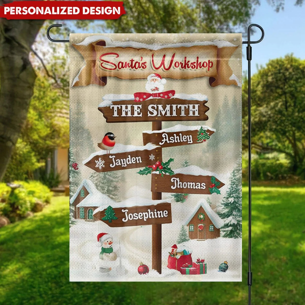 Santa's Workshop Signpost Personalized Christmas Garden Flag - Custom Holiday Yard Decor for Family