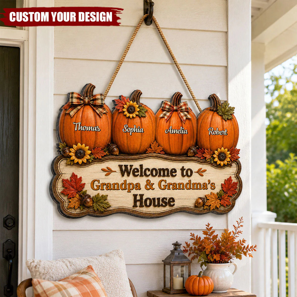 Personalized grandparents door sign featuring custom name pumpkins for a rustic fall porch welcome decor image 6