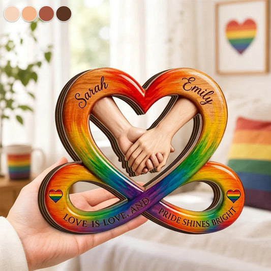 Custom Lgbtq Rainbow Infinity Heart Wood Sign Plaque personalization view for Couples