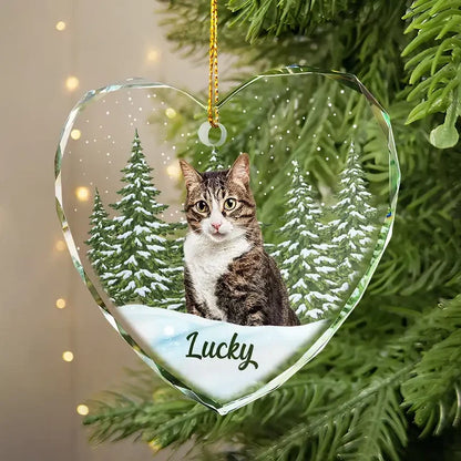 Custom Pet Photo Winter Scene Heart Glass Ornament - Personalized Pet Memorial Christmas Gift