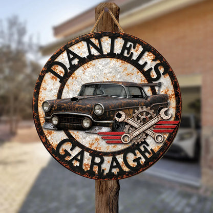 Vintage Car Garage Sign - Personalized Wood Sign Gift for Dad & Husband Workshop