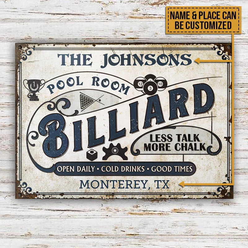 "Less Talk More Chalk" Personalized Billiard Metal Sign - Custom Pool Hall Decor
