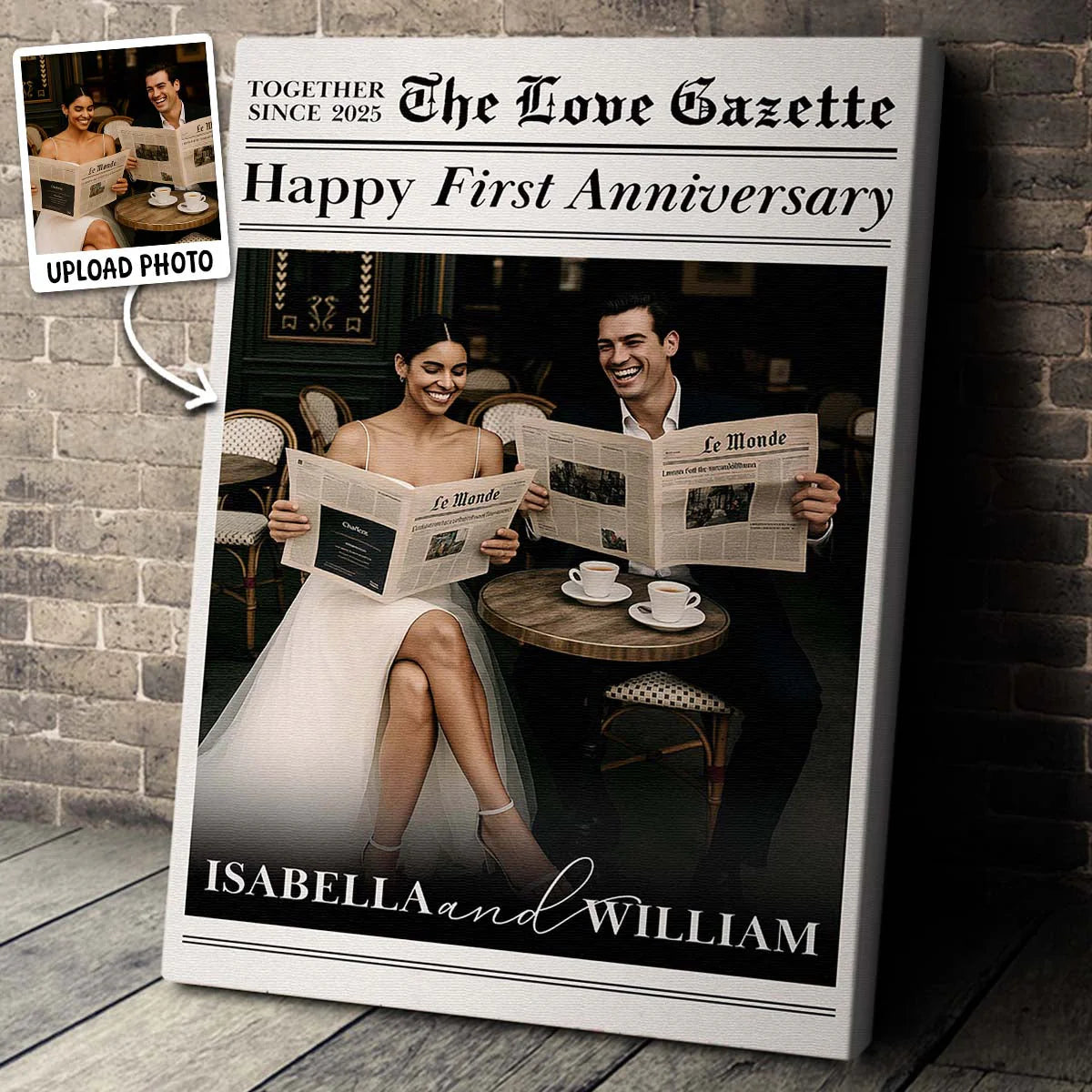 Custom Newspaper Anniversary Canvas for Couples with personalized design details for meaningful gifting