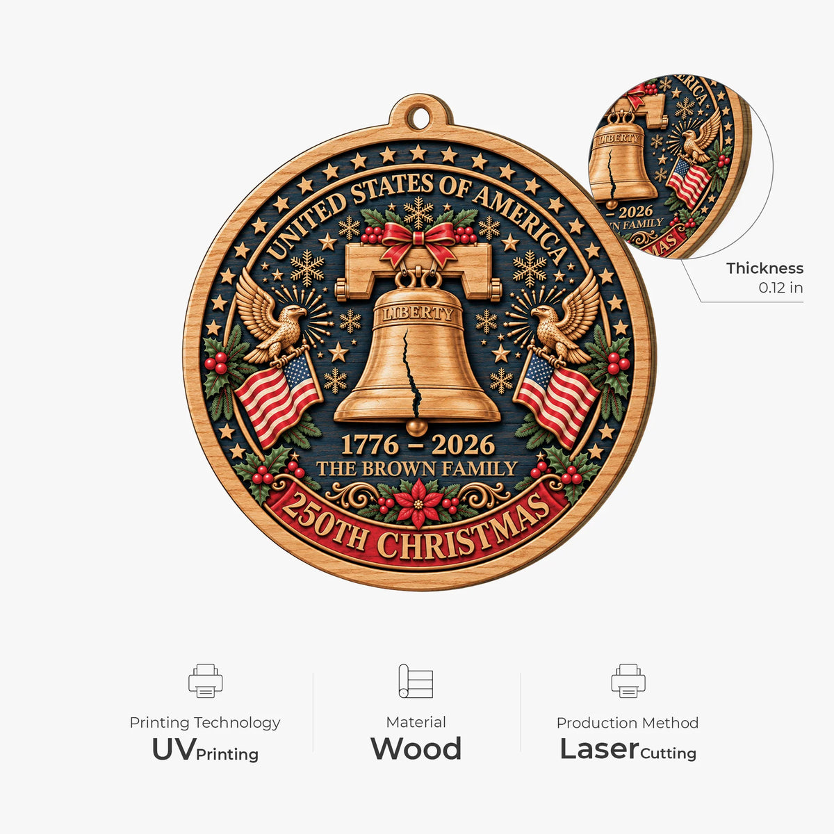 USA 250th Liberty Bell Personalized Wooden Ornament - Christmas Keepsake for Family