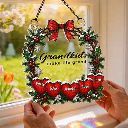 "Grandkids Make Life Grand" Personalized Grandma Suncatcher Ornament - Custom Family Name Christmas Gift Decor