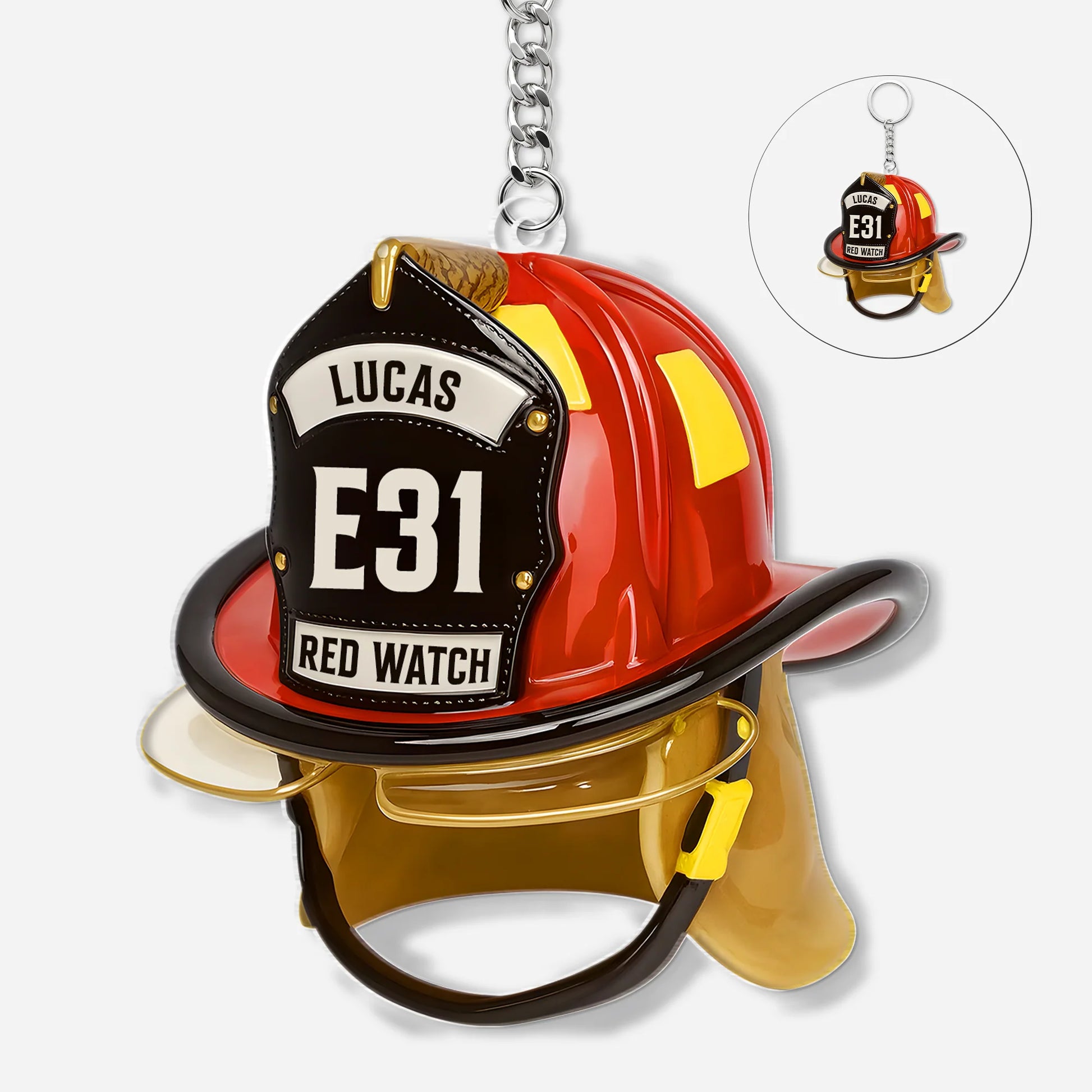 Custom Firefighter Helmet Keychain for Dad with personalized design details for meaningful gifting